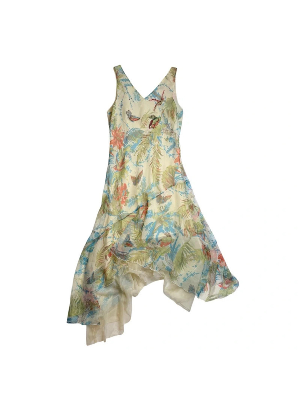 René Derhy Y2K Fairy Dress Bias Cut Tropical Chiffon Handkerchief Hem Beaded M
